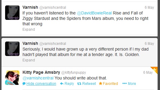 Twitter conversation where I mention that Ziggy Stardust album was huge influence and friend suggests I blog about it.