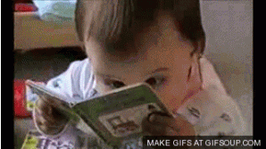 A toddler furiously reads a book