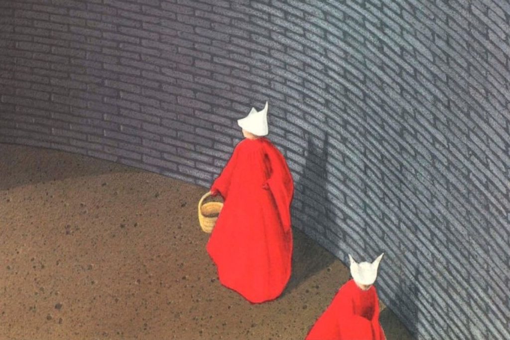 Drawing of two women in loose red cloaks and white head coverings