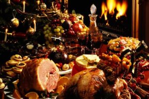 A table heaped with every imaginable holiday dinner food