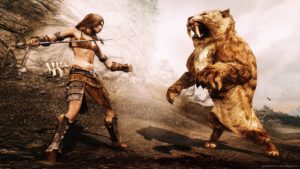 Screencap from Skyrim of a woman fighting a sabre-toothed tiger