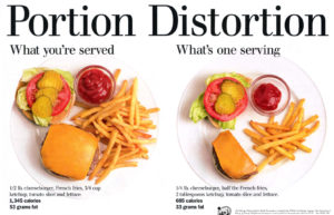 side-by-side image of what is normally served us (whole burger and chips) vs actual healthy portion size (half burger and half as much chips)
