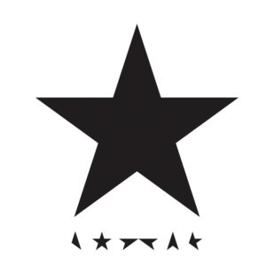 Album cover of David Bowie's Black Star: White background, a large black star, and a row of pieces of the black star below