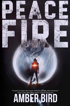Peace Fire cover: a silhouette with a red flare in the middle, in front of and a large, round, metallic shape