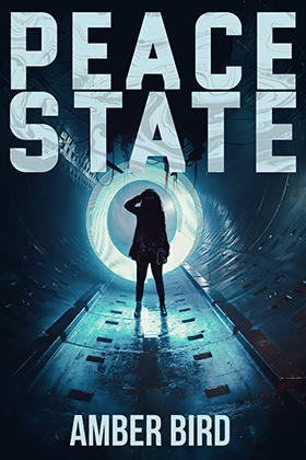 Peace State cover: a silhouette wearing a long jacket and boots stands in a metal tunnel, in front of concentric rings of blue-ish light and under an ominous machine with arms that can probe, cut, and inject